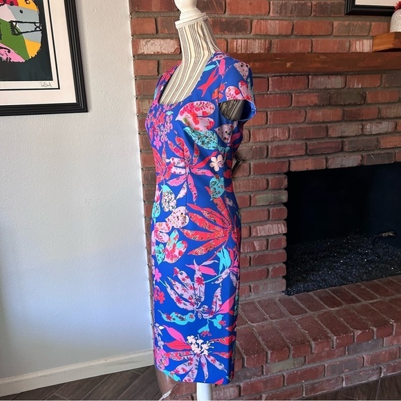 David Meister Cap-Sleeve Floral Ponte Sheath Dress in Blue Multicolor Sz 6 - Picture 4 of 10